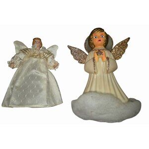 Vintage Ceramic & Fabric Angel Figurines Set - Glitter Wings Cloud Base - Home D